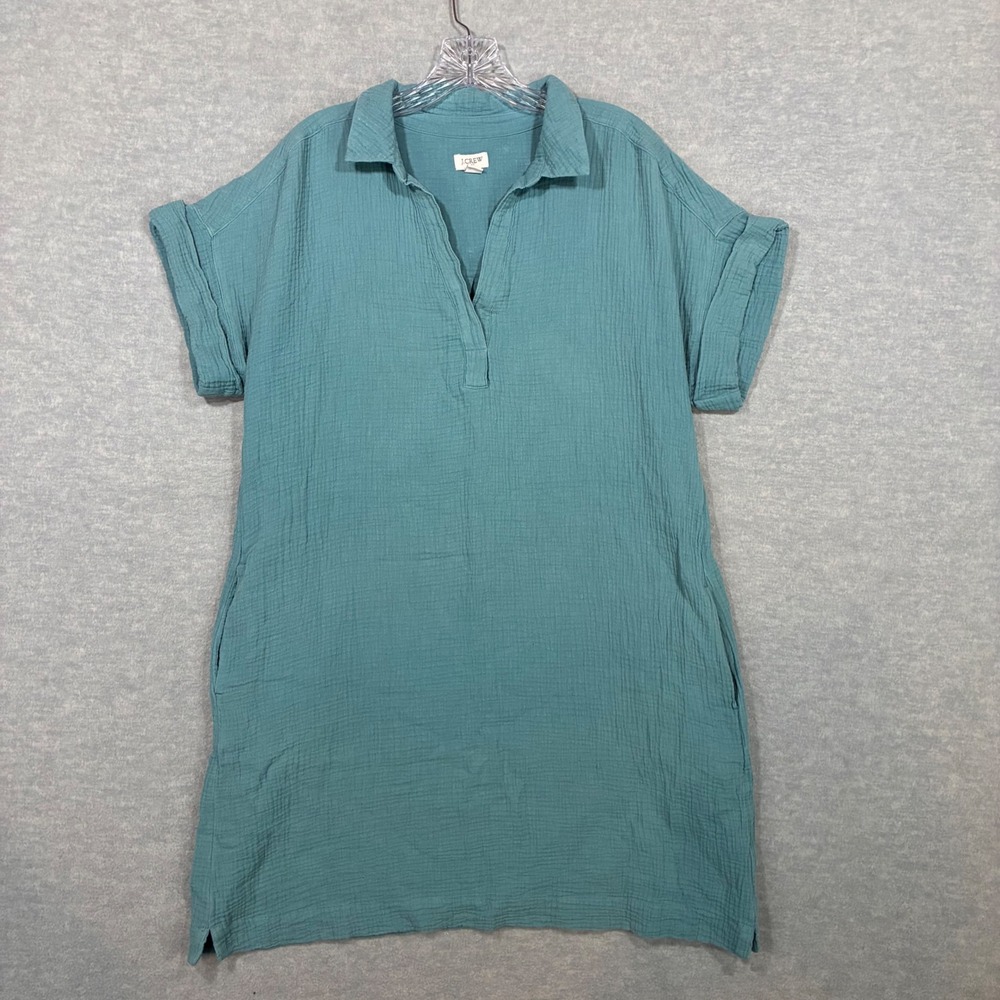 J.Crew Womens Short Sleeve Double Gauze Cotton Shift Dress Blue Green Medium